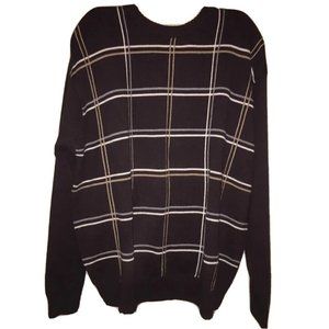 Oscar De La Renta Mens Brown Plaid Striped Pullover Cotton Knit Sweater Size XL